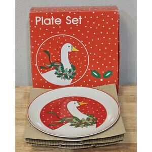 Vintage Red And white Christmas Goose Holly Porcelain plates Set Of 4